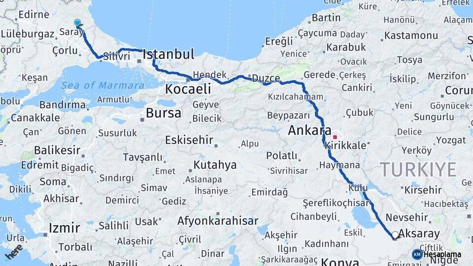 Kırklareli Vize Aksaray Arası Kaç Km - Yol Haritası