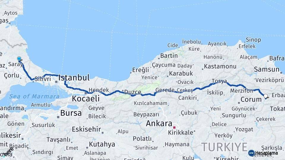 Kırklareli Vize Amasya Arası Kaç Km - Yol Haritası