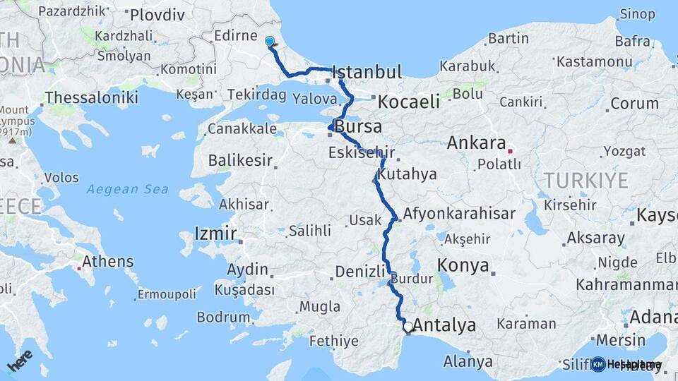 Kırklareli Vize Antalya Arası Kaç Km - Yol Haritası