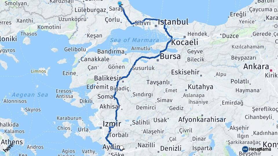 Kırklareli Vize Aydın Arası Kaç Km - Yol Haritası