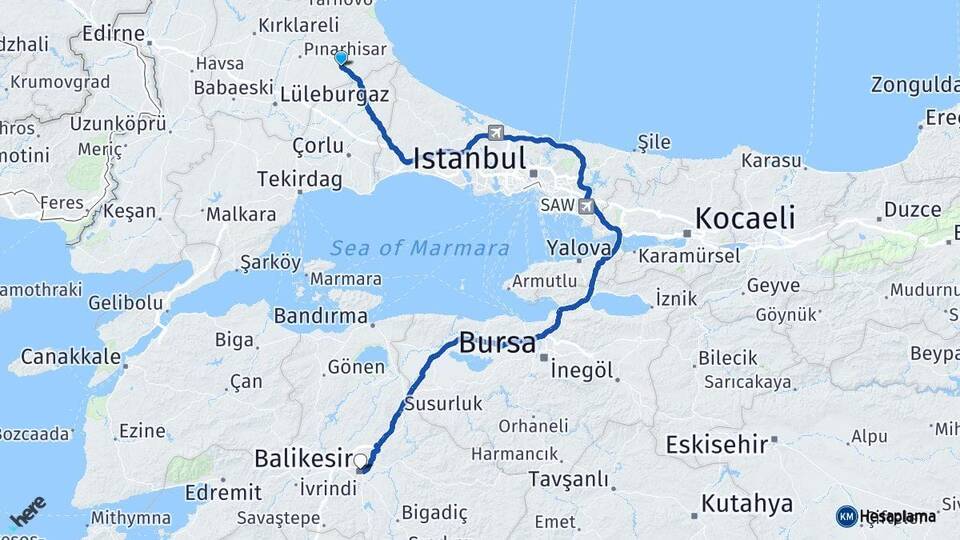Kırklareli Vize Balıkesir Arası Kaç Km - Yol Haritası