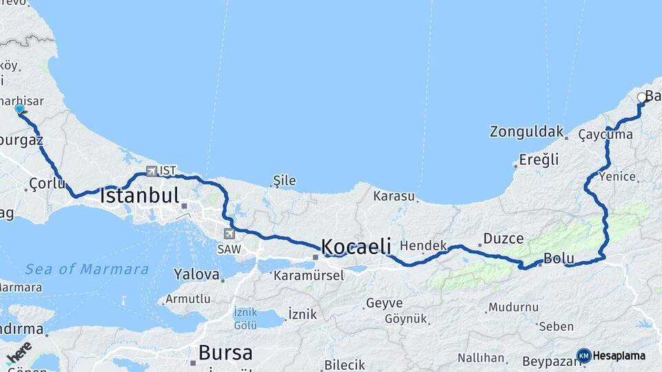 Kırklareli Vize Bartın Arası Kaç Km - Yol Haritası