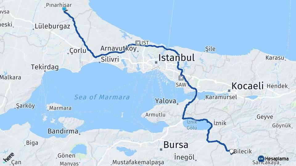 Kırklareli Vize Bilecik Arası Kaç Km - Yol Haritası