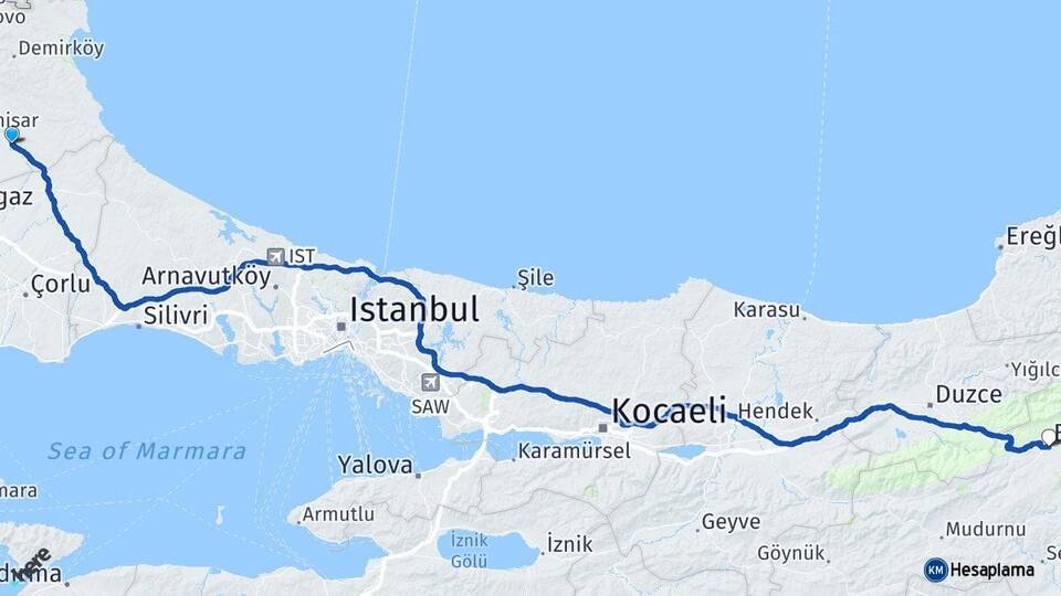 Kırklareli Vize Bolu Arası Kaç Km - Yol Haritası