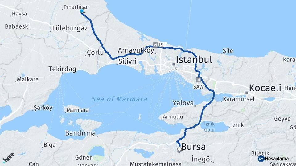 Kırklareli Vize Bursa Arası Kaç Km - Yol Haritası
