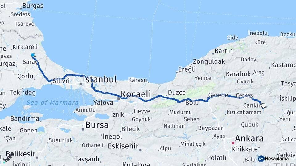 Kırklareli Vize Çankırı Arası Kaç Km - Yol Haritası