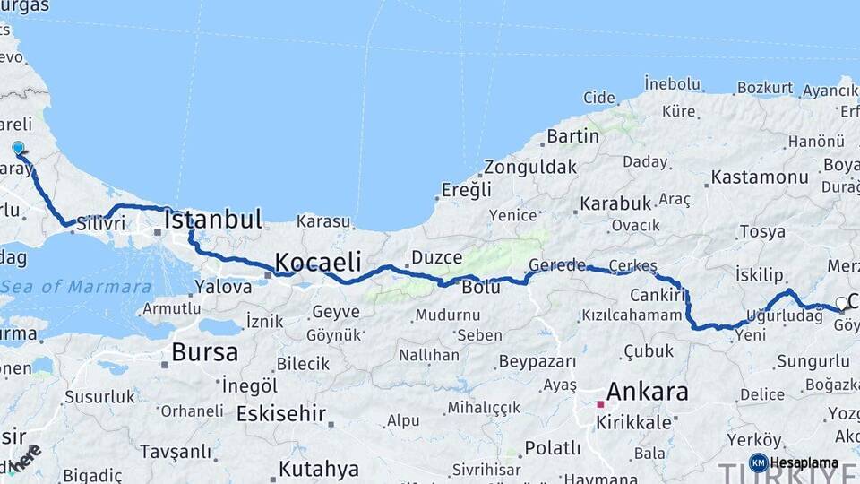 Kırklareli Vize Çorum Arası Kaç Km - Yol Haritası