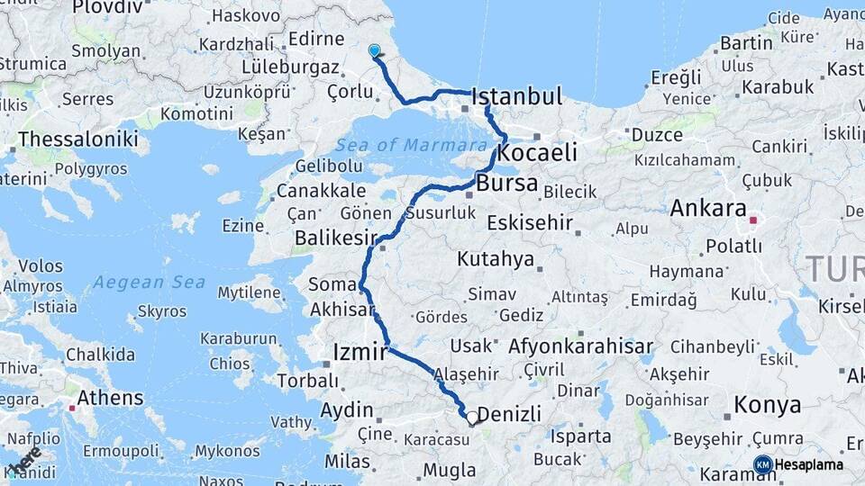 Kırklareli Vize Denizli Arası Kaç Km - Yol Haritası