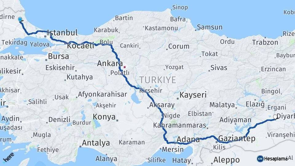 Kırklareli Vize Diyarbakır Arası Kaç Km - Yol Haritası