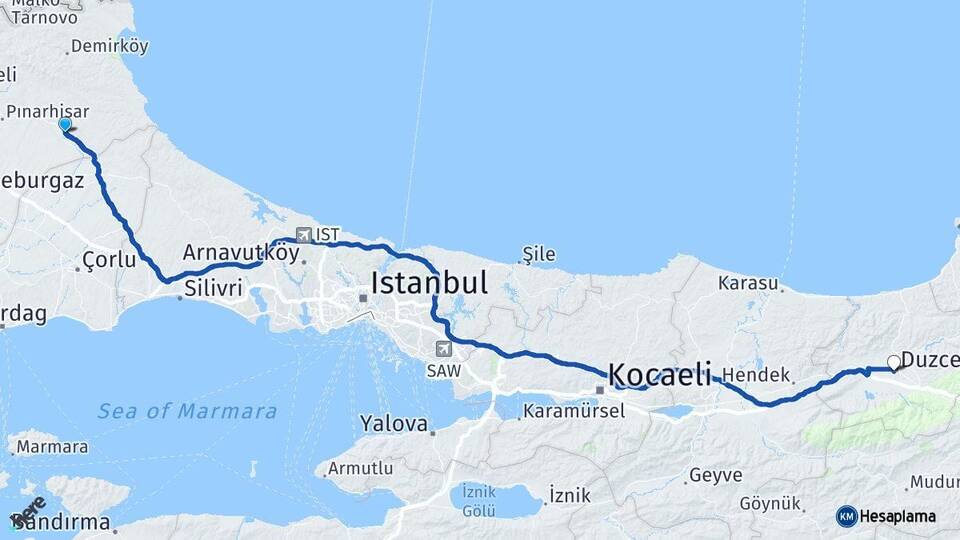 Kırklareli Vize Düzce Arası Kaç Km - Yol Haritası