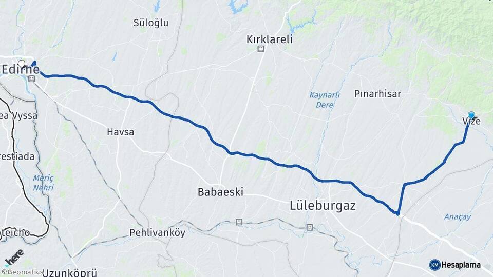 Kırklareli Vize Edirne Arası Kaç Km - Yol Haritası