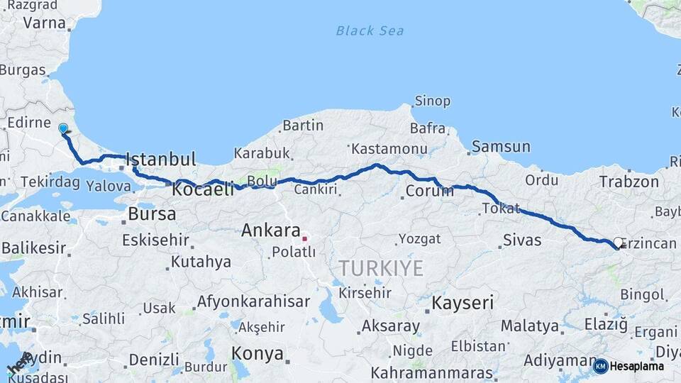 Kırklareli Vize Erzincan Arası Kaç Km - Yol Haritası