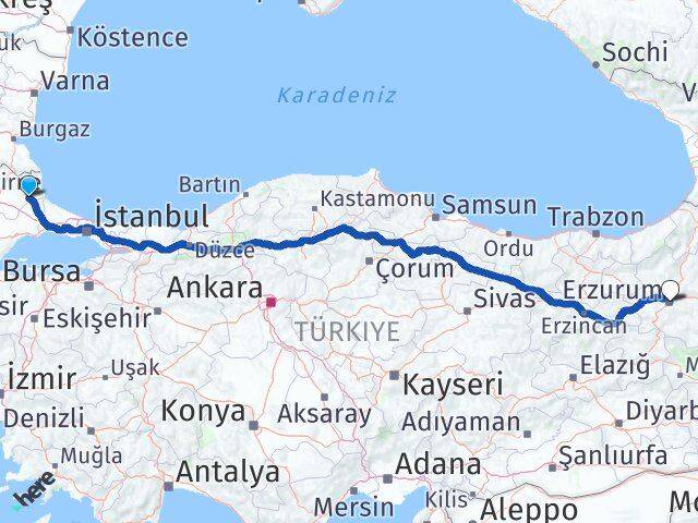 Kırklareli Vize Erzurum Arası Kaç Km - Yol Haritası