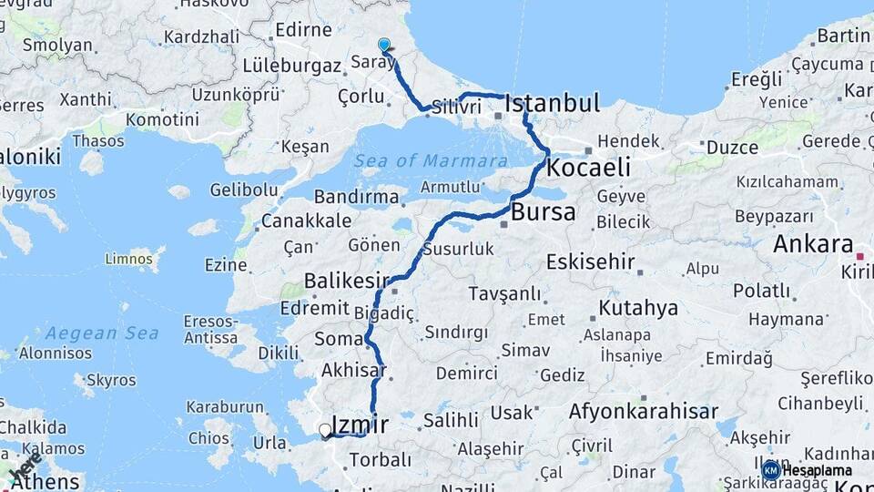 Kırklareli Vize İzmir Arası Kaç Km - Yol Haritası