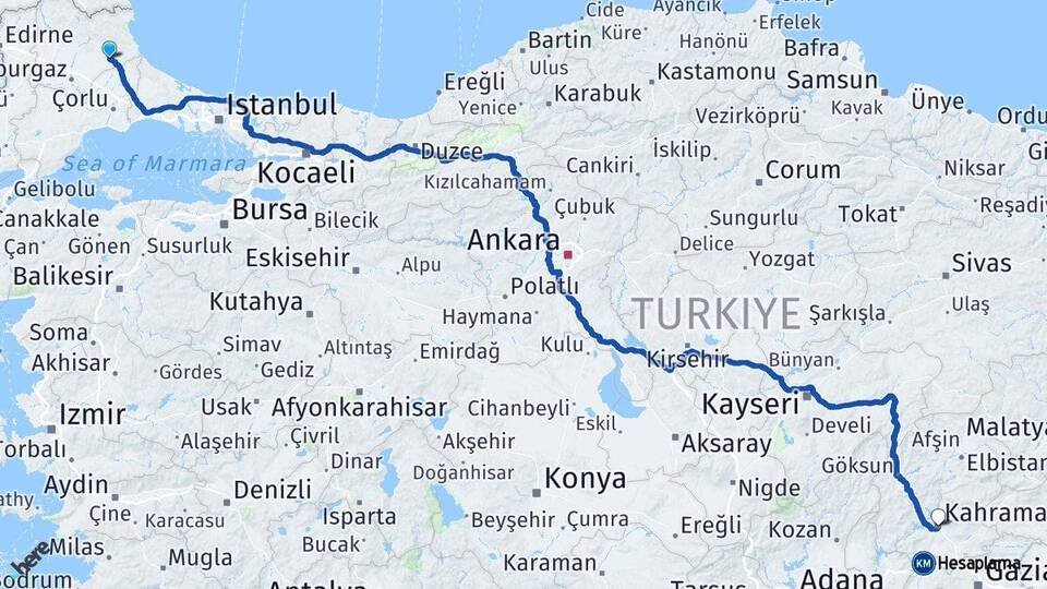 Kırklareli Vize Kahramanmaraş Arası Kaç Km - Yol Haritası