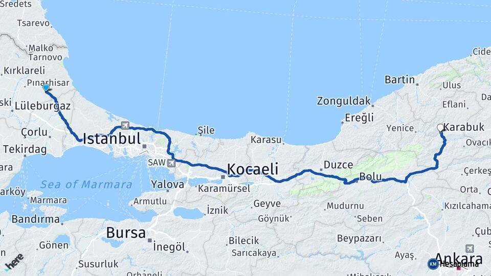 Kırklareli Vize Karabük Arası Kaç Km - Yol Haritası
