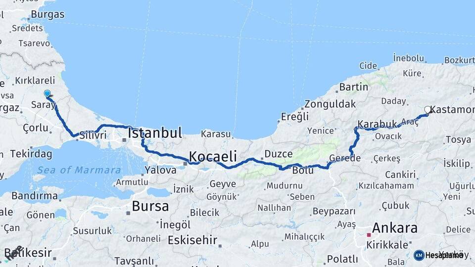 Kırklareli Vize Kastamonu Arası Kaç Km - Yol Haritası