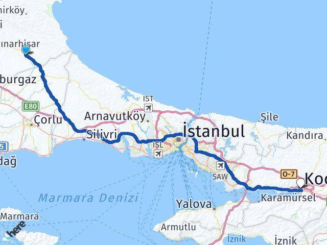 Kırklareli Vize Kocaeli Arası Kaç Km - Yol Haritası
