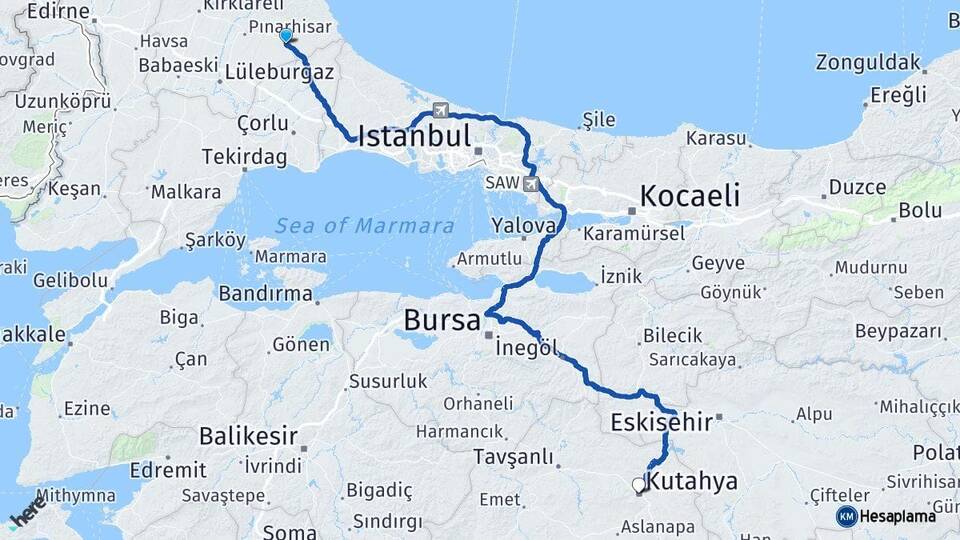 Kırklareli Vize Kütahya Arası Kaç Km - Yol Haritası