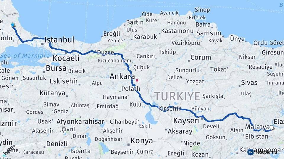 Kırklareli Vize Malatya Arası Kaç Km - Yol Haritası