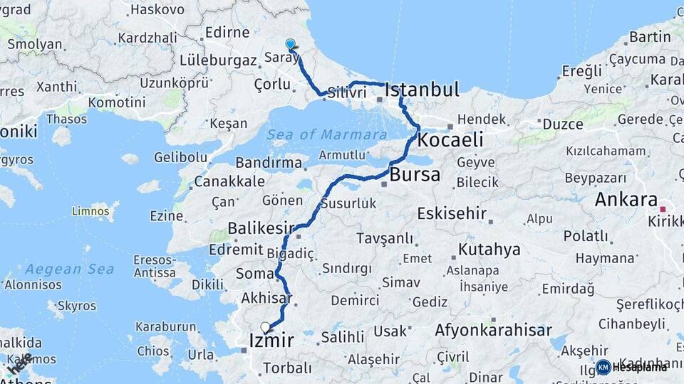 Kırklareli Vize Manisa Arası Kaç Km - Yol Haritası