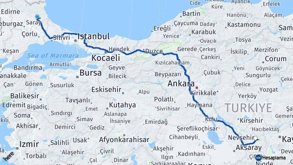 Kırklareli Vize Nevşehir Arası Kaç Km - Yol Haritası
