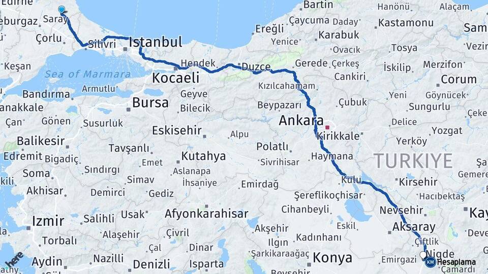 Kırklareli Vize Niğde Arası Kaç Km - Yol Haritası