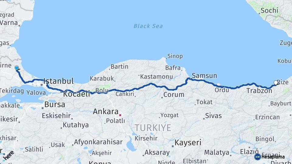 Kırklareli Vize Rize Arası Kaç Km - Yol Haritası
