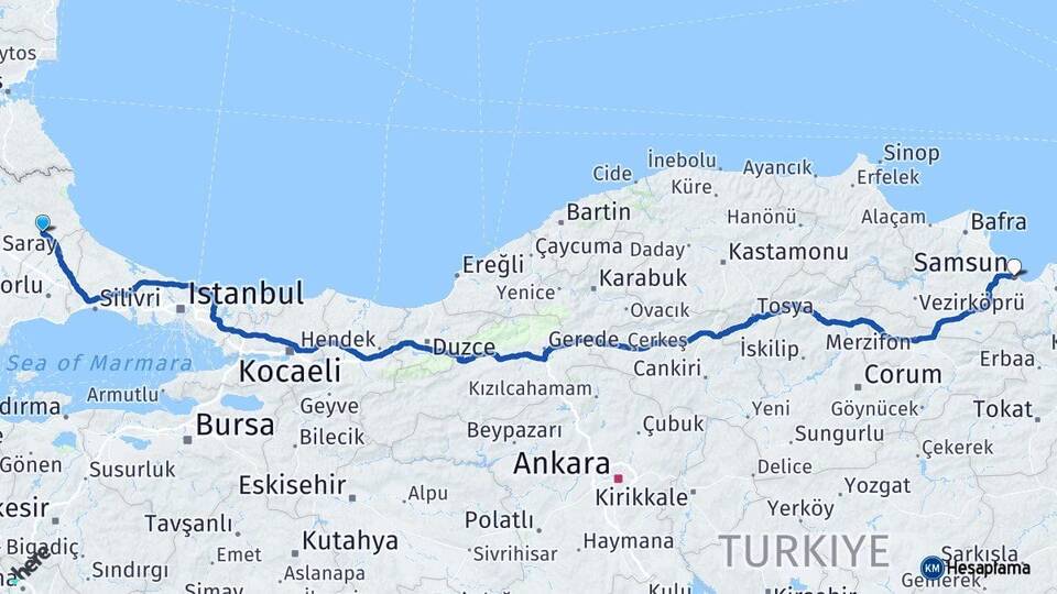Kırklareli Vize Samsun Arası Kaç Km - Yol Haritası