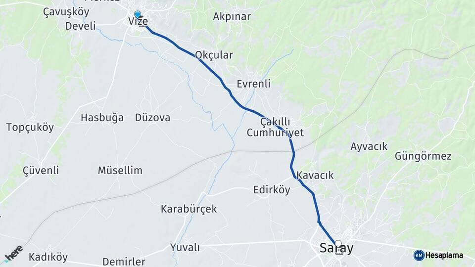 Kırklareli Vize Saray Tekirdağ Arası Kaç Km - Yol Haritası