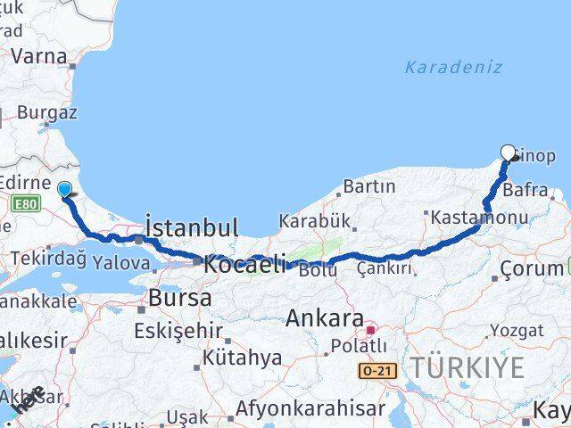 Kırklareli Vize Sinop Arası Kaç Km - Yol Haritası