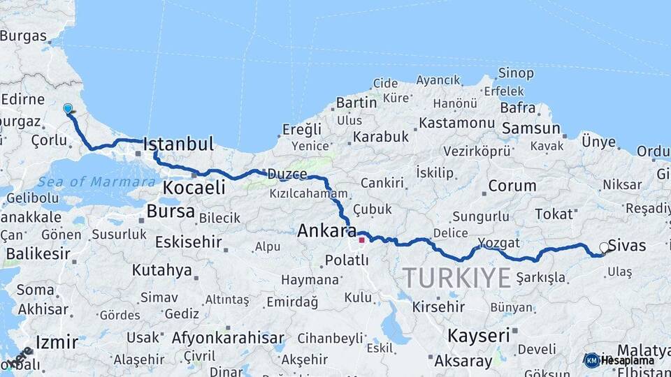 Kırklareli Vize Sivas Arası Kaç Km - Yol Haritası