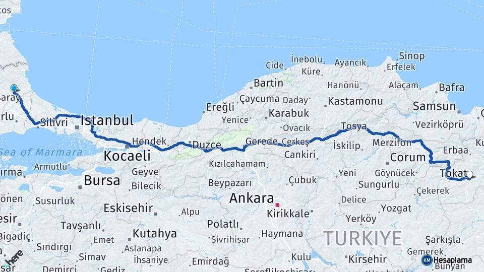 Kırklareli Vize Tokat Arası Kaç Km - Yol Haritası