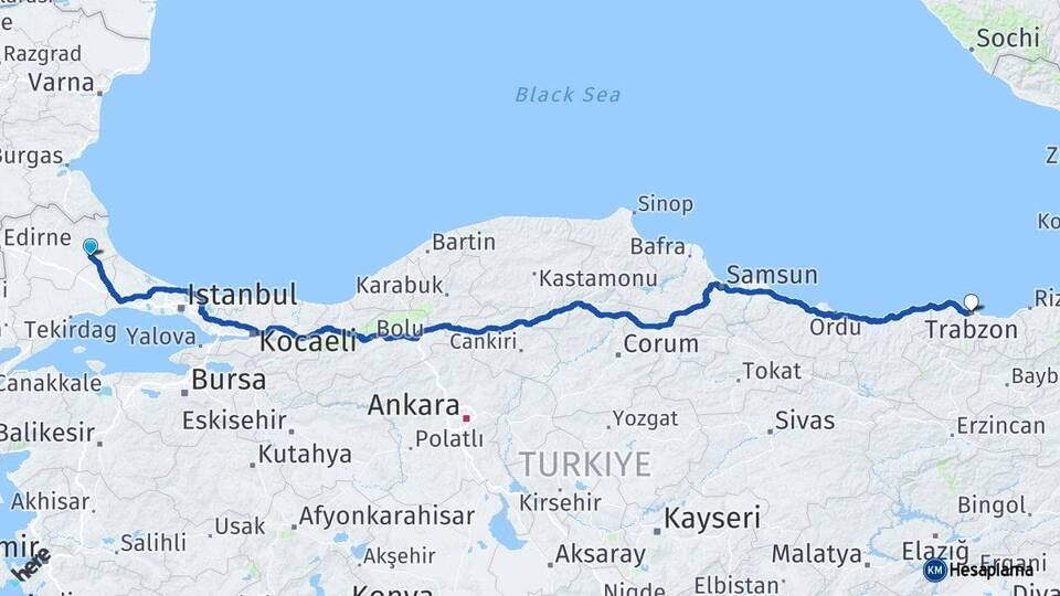 Kırklareli Vize Trabzon Arası Kaç Km - Yol Haritası