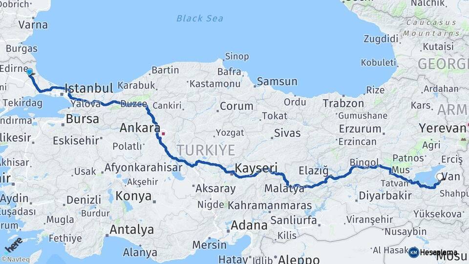 Kırklareli Vize Van Arası Kaç Km - Yol Haritası
