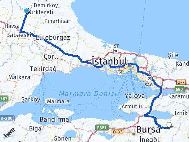Kırklareli Yenişehir Bursa Arası Kaç Km - Yol Haritası