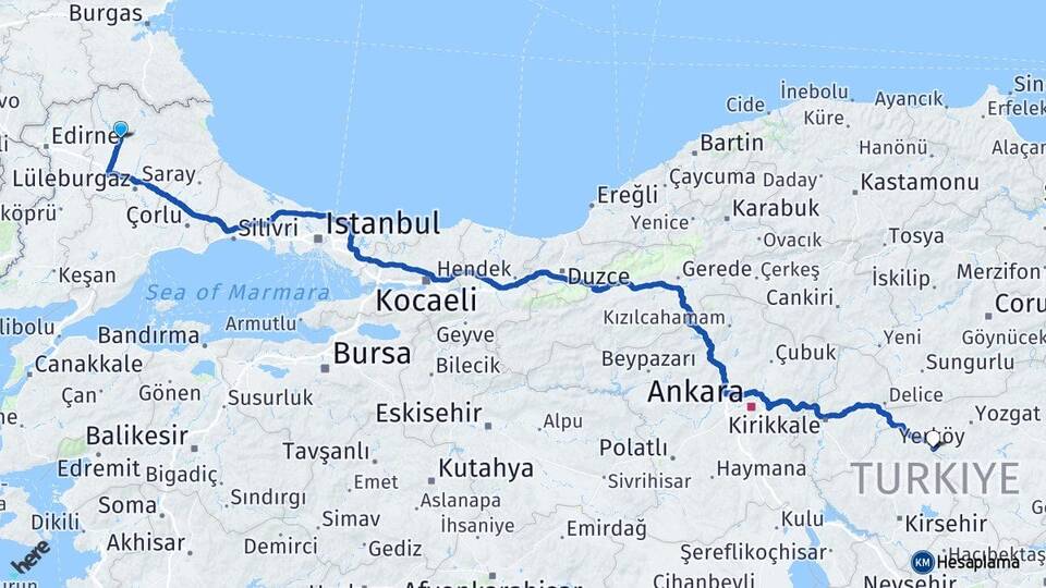 Kırklareli Yerköy Yozgat Arası Kaç Km - Yol Haritası