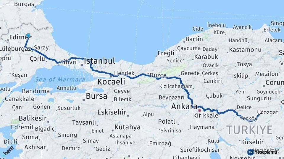 Kırklareli Yozgat Arası Kaç Km - Yol Haritası