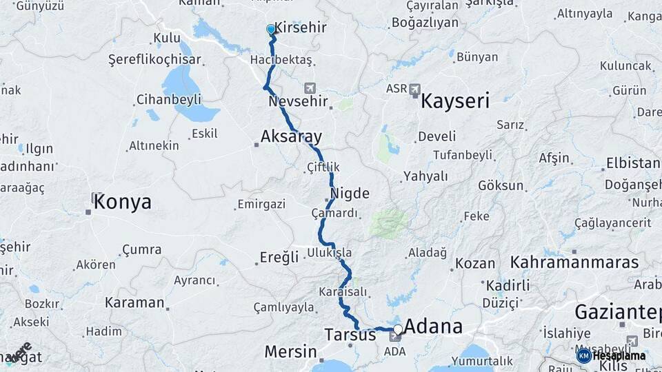Kırşehir Adana Arası Kaç Km - Yol Haritası