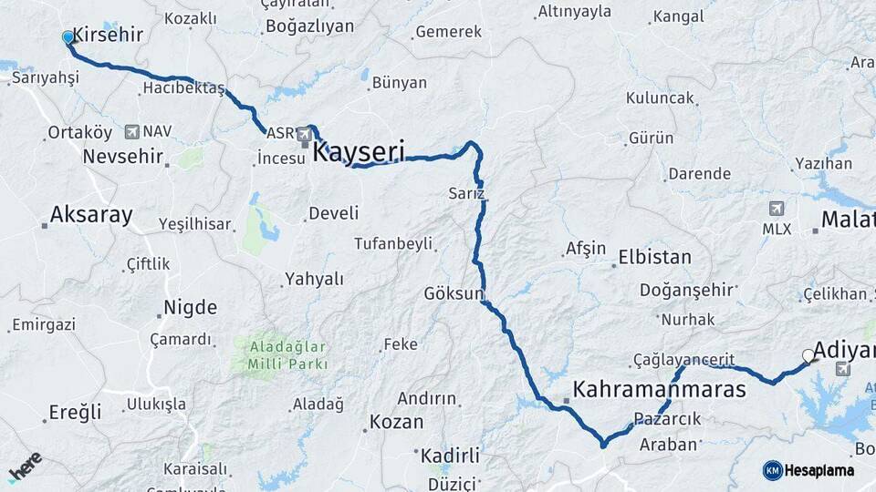 Kırşehir Adıyaman Arası Kaç Km - Yol Haritası