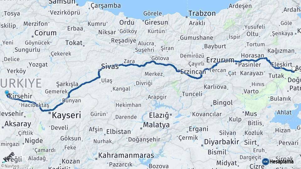 Kırşehir Ağrı Arası Kaç Km - Yol Haritası