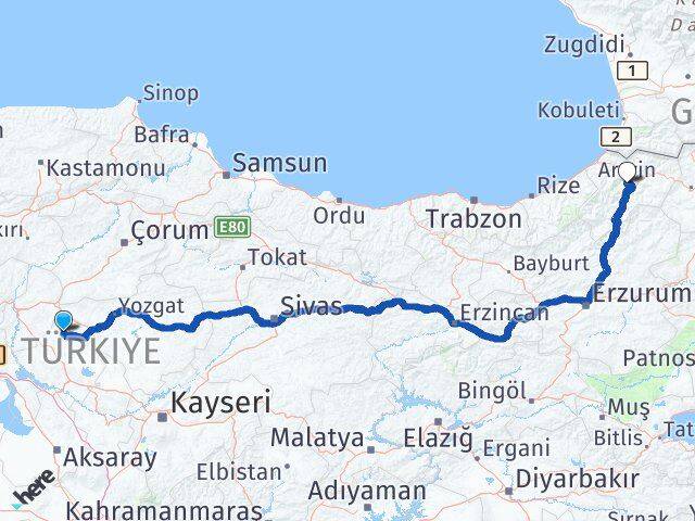 Kırşehir Akçakent Artvin Arası Kaç Km - Yol Haritası