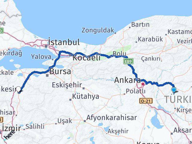 Kırşehir Akçakent Balıkesir Arası Kaç Km - Yol Haritası