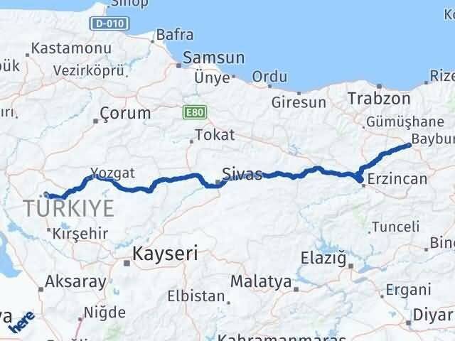 Kırşehir Akçakent Bayburt Arası Kaç Km - Yol Haritası