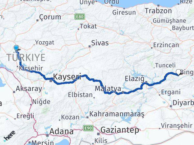 Kırşehir Akçakent Bingöl Arası Kaç Km - Yol Haritası