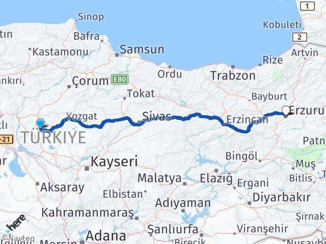 Kırşehir Akçakent Erzurum Arası Kaç Km - Yol Haritası