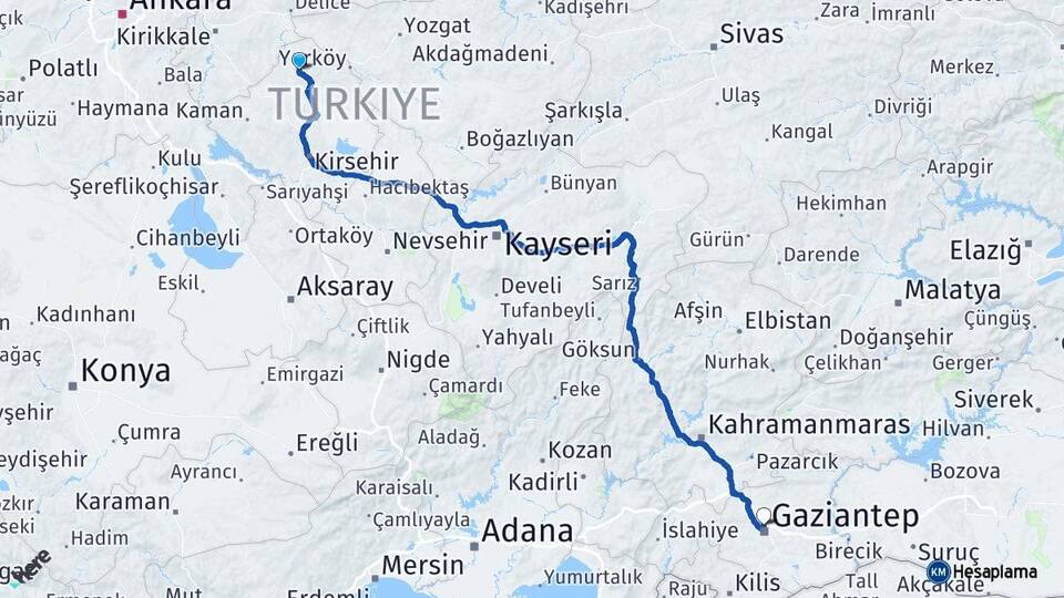 Kırşehir Akçakent Gaziantep Arası Kaç Km - Yol Haritası