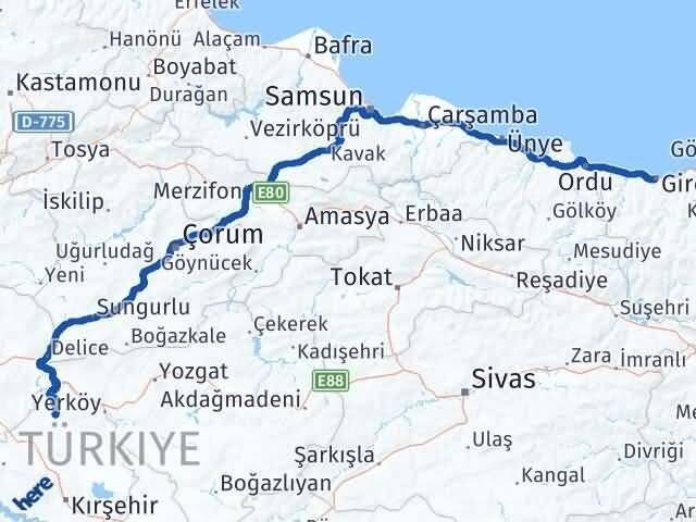 Kırşehir Akçakent Giresun Arası Kaç Km - Yol Haritası
