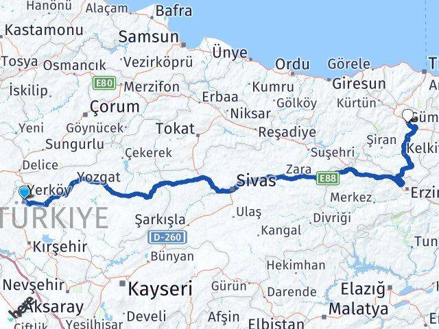 Kırşehir Akçakent Gümüşhane Arası Kaç Km - Yol Haritası
