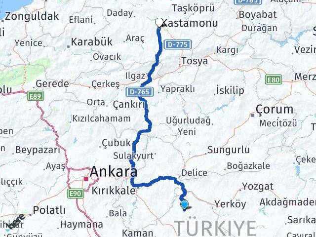 Kırşehir Akçakent Kastamonu Arası Kaç Km - Yol Haritası